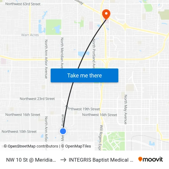 NW 10 St @ Meridian Ave to INTEGRIS Baptist Medical Center map