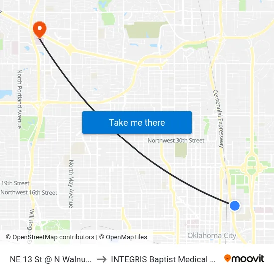 NE 13 St @ N Walnut Ave to INTEGRIS Baptist Medical Center map