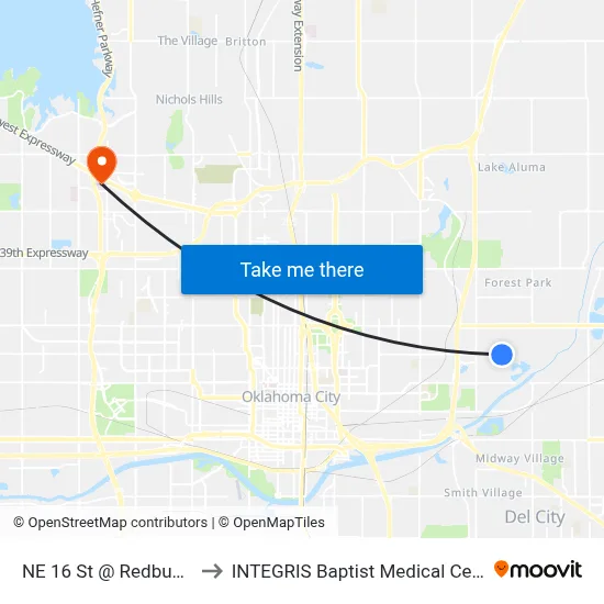 NE 16 St @ Redbud Dr to INTEGRIS Baptist Medical Center map