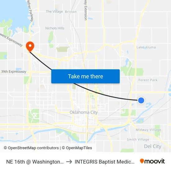 NE 16th @ Washington Blvd Ib to INTEGRIS Baptist Medical Center map