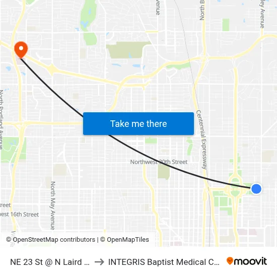 NE 23 St @ N Laird Ave to INTEGRIS Baptist Medical Center map