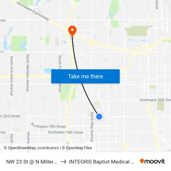 NW 23 St @ N Miller Blvd to INTEGRIS Baptist Medical Center map