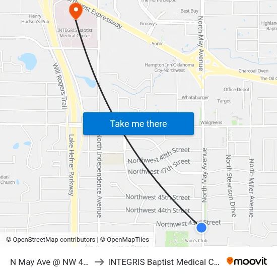 N May Ave @ NW 43 St to INTEGRIS Baptist Medical Center map