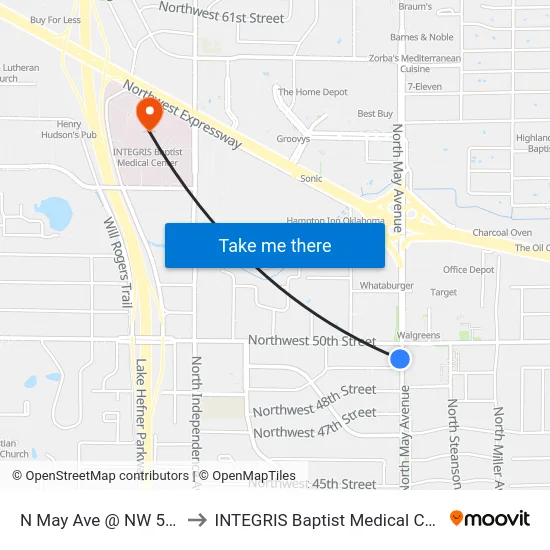 N May Ave @ NW 50 St to INTEGRIS Baptist Medical Center map