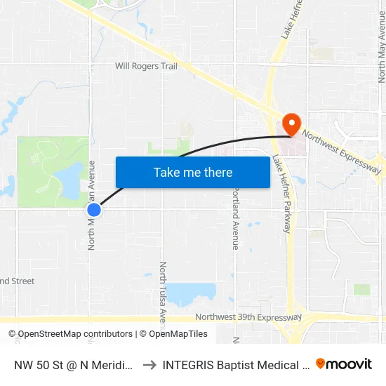 NW 50 St @ N Meridian Ave to INTEGRIS Baptist Medical Center map