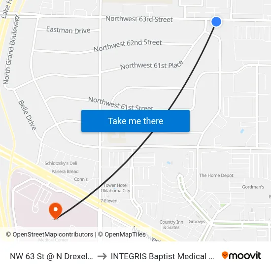 NW 63 St @ N Drexel Blvd to INTEGRIS Baptist Medical Center map
