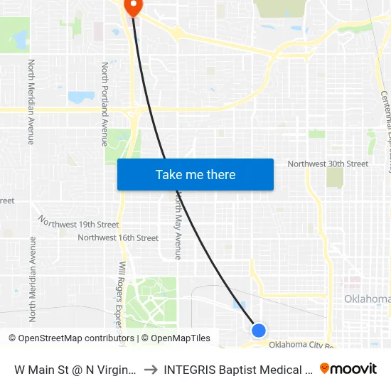 W Main St @ N Virginia Ave to INTEGRIS Baptist Medical Center map