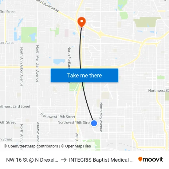 NW 16 St @ N Drexel Blvd to INTEGRIS Baptist Medical Center map