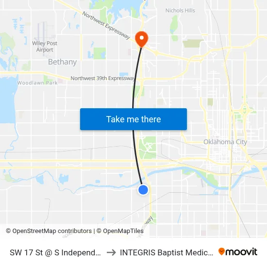 SW 17 St @ S Independence Ave to INTEGRIS Baptist Medical Center map