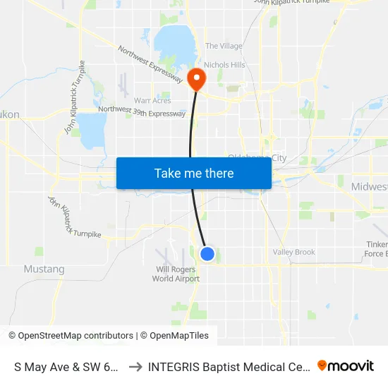 S May Ave & SW 62 St to INTEGRIS Baptist Medical Center map