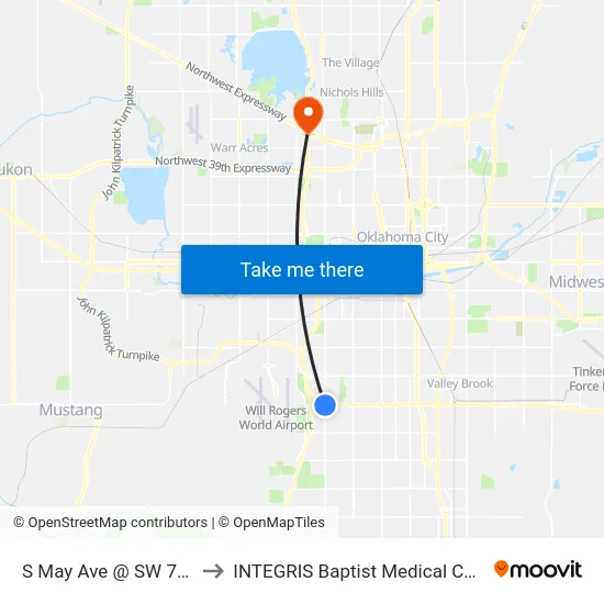 S May Ave @ SW 74 St to INTEGRIS Baptist Medical Center map