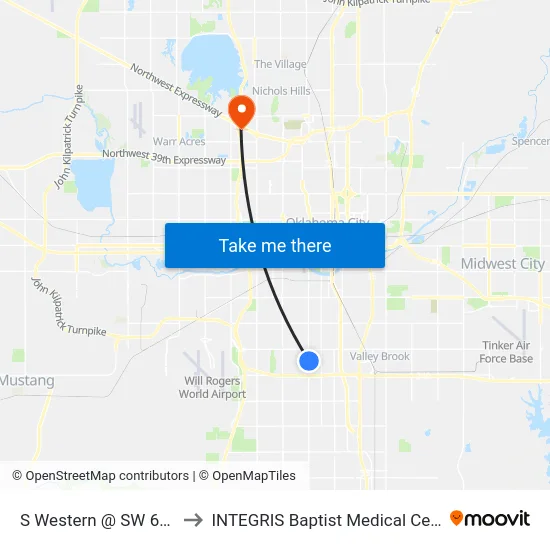 S Western @ SW 66 St to INTEGRIS Baptist Medical Center map