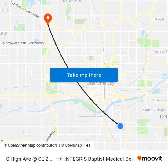 S High Ave @ SE 29 St to INTEGRIS Baptist Medical Center map