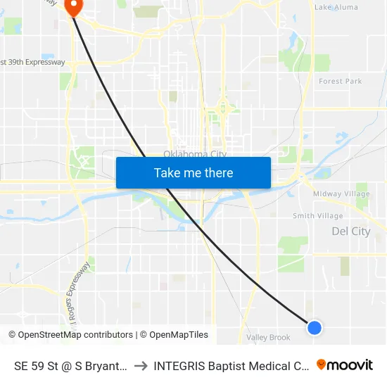 SE 59 St @ S Bryant Ave to INTEGRIS Baptist Medical Center map
