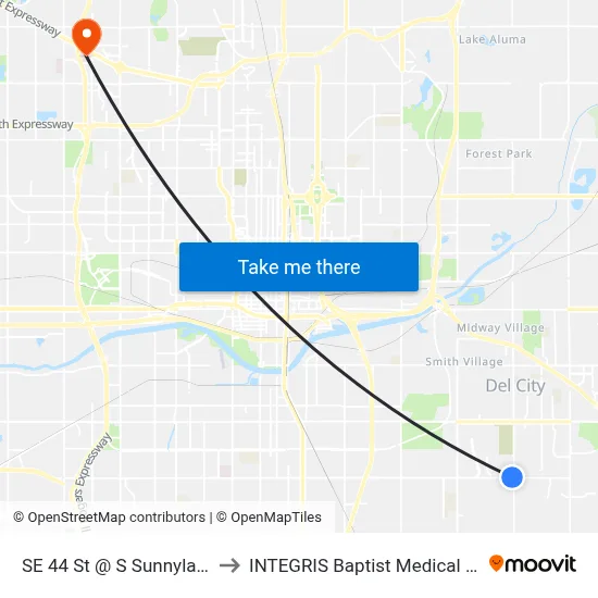 SE 44 St @ S Sunnylane Rd to INTEGRIS Baptist Medical Center map