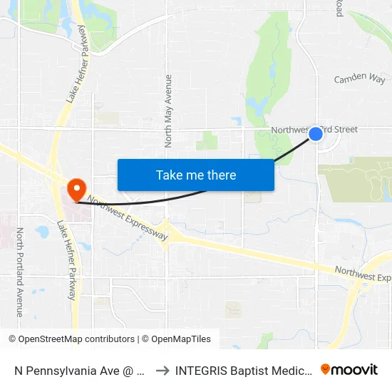 N Pennsylvania Ave @ NW 63 St to INTEGRIS Baptist Medical Center map