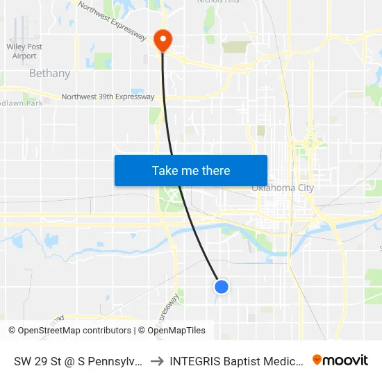 SW 29 St @ S Pennsylvania Ave to INTEGRIS Baptist Medical Center map