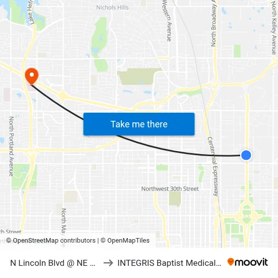 N Lincoln Blvd @ NE 38 Terr to INTEGRIS Baptist Medical Center map