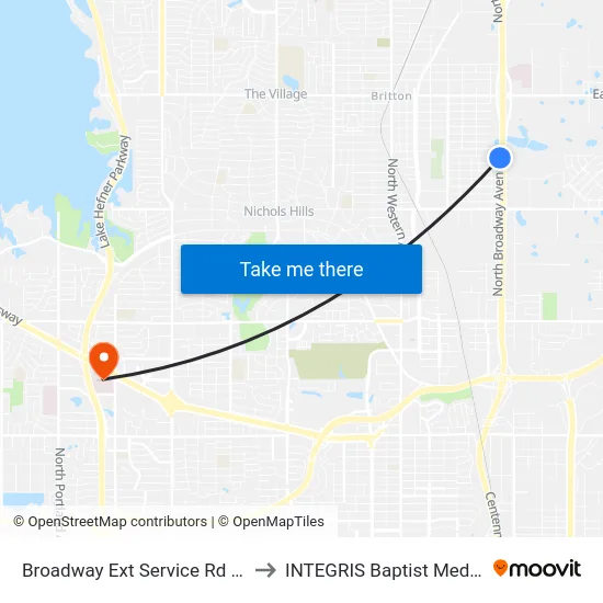 Broadway Ext Service Rd @ NW 85 St to INTEGRIS Baptist Medical Center map