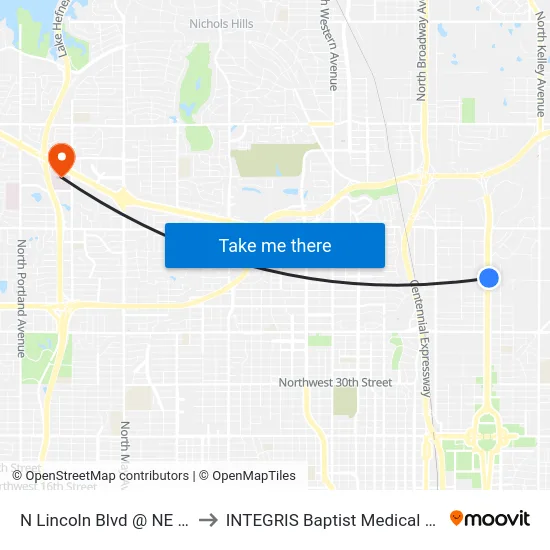 N Lincoln Blvd @ NE 42 St to INTEGRIS Baptist Medical Center map