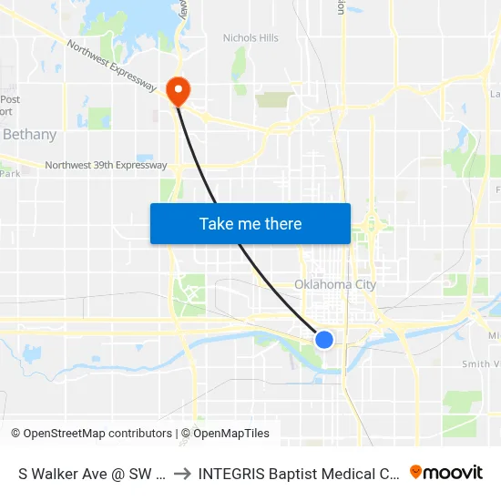 S Walker Ave @ SW 7 St to INTEGRIS Baptist Medical Center map