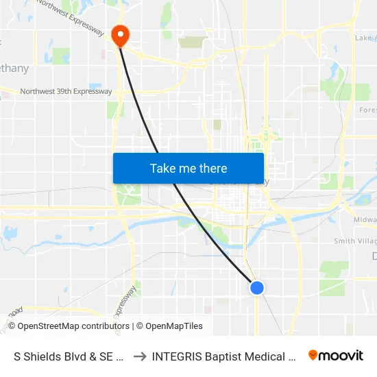 S Shields Blvd & SE 33 St to INTEGRIS Baptist Medical Center map
