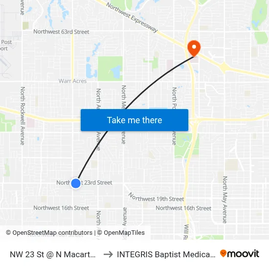 NW 23 St @ N Macarthur Blvd to INTEGRIS Baptist Medical Center map