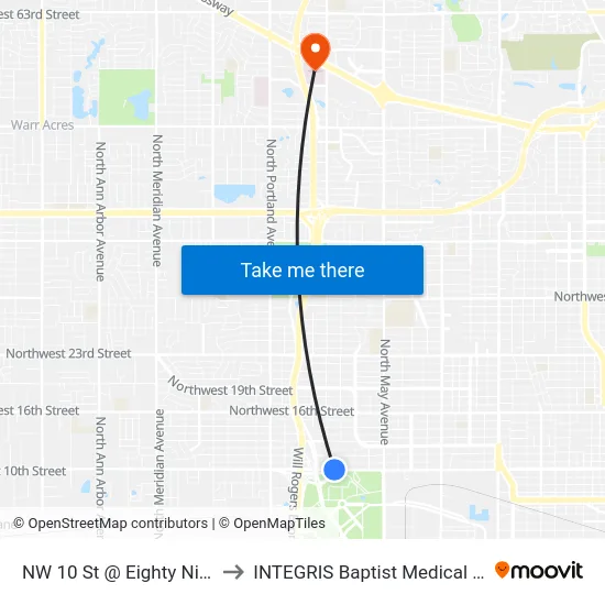 NW 10 St @ Eighty Niner Dr to INTEGRIS Baptist Medical Center map