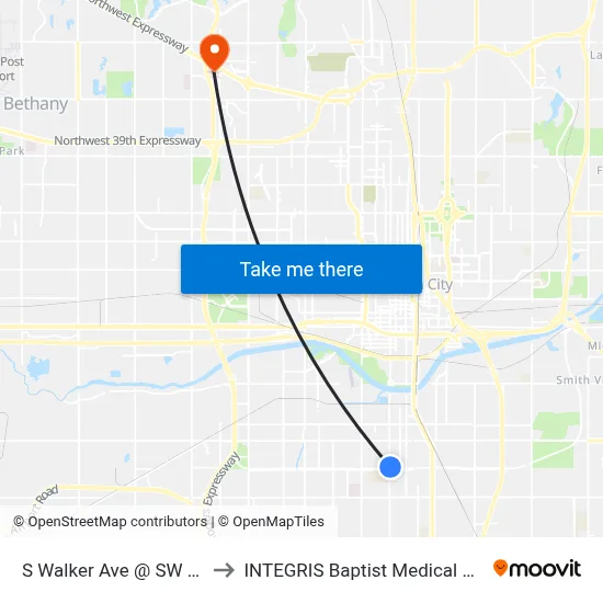 S Walker Ave @ SW 36 St to INTEGRIS Baptist Medical Center map