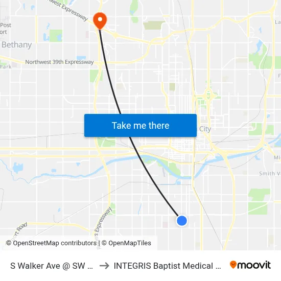 S Walker Ave @ SW 40 St to INTEGRIS Baptist Medical Center map