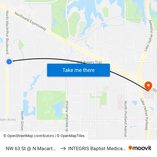 NW 63 St @ N Macarthur Blvd to INTEGRIS Baptist Medical Center map