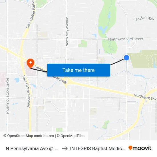 N Pennsylvania Ave @ NW 59 Pl to INTEGRIS Baptist Medical Center map