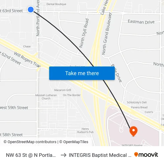 NW 63 St @ N Portland Ave to INTEGRIS Baptist Medical Center map