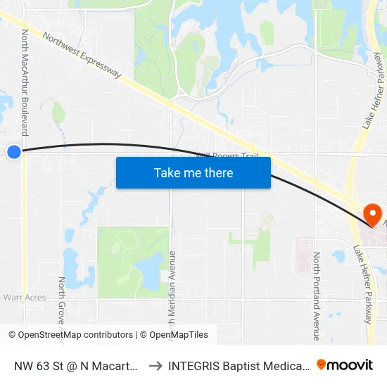 NW 63 St @ N Macarthur Blvd to INTEGRIS Baptist Medical Center map