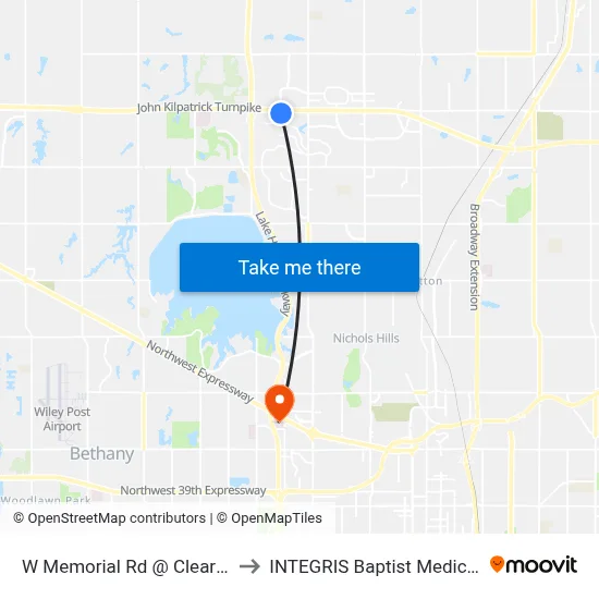 W Memorial Rd @ Clearbrook Rd to INTEGRIS Baptist Medical Center map