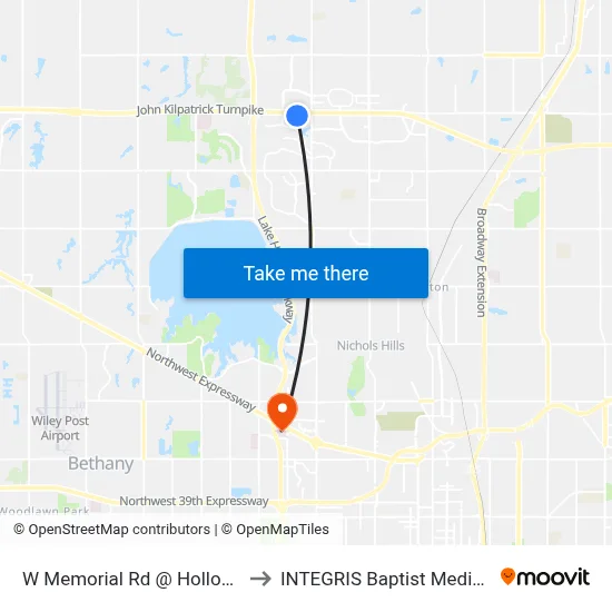 W Memorial Rd @ Hollow Rock Rd to INTEGRIS Baptist Medical Center map