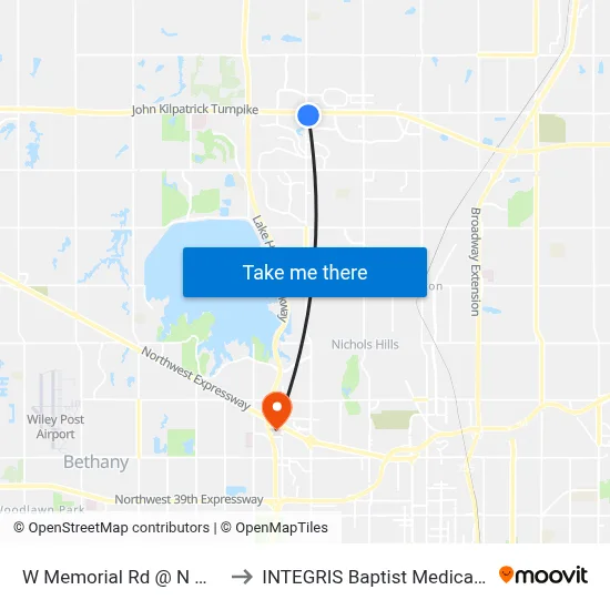 W Memorial Rd @ N May Ave to INTEGRIS Baptist Medical Center map