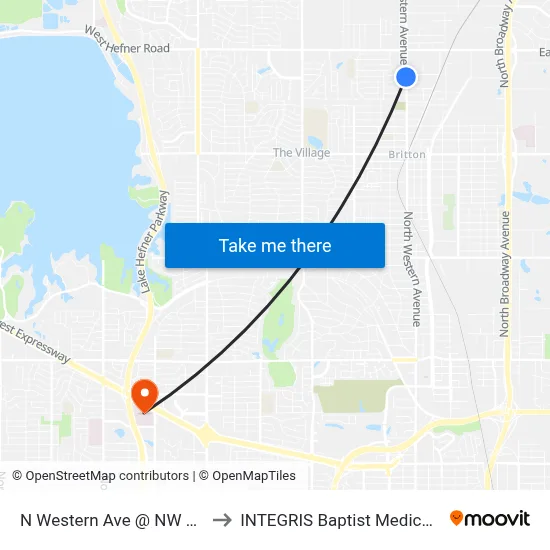 N Western Ave @ NW 104 Terr to INTEGRIS Baptist Medical Center map