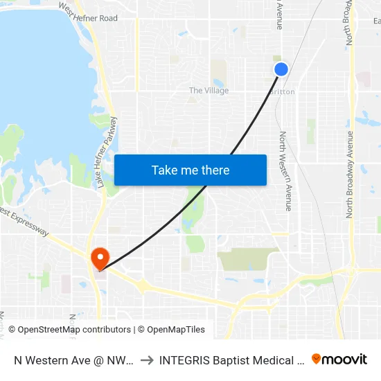 N Western Ave @ NW 98 St to INTEGRIS Baptist Medical Center map