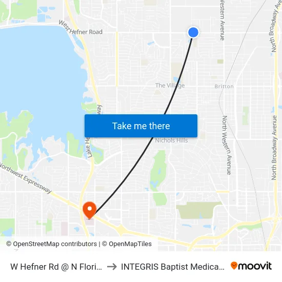 W Hefner Rd @ N Florida Ave to INTEGRIS Baptist Medical Center map