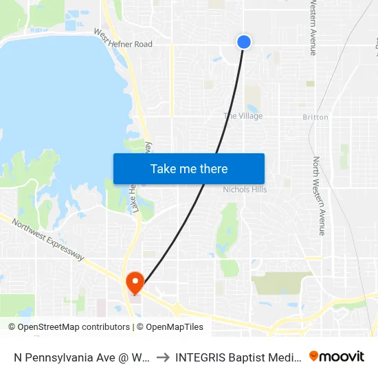 N Pennsylvania Ave @ W Hefner Rd to INTEGRIS Baptist Medical Center map