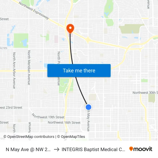 N May Ave @ NW 23 St to INTEGRIS Baptist Medical Center map