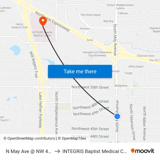 N May Ave @ NW 47 St to INTEGRIS Baptist Medical Center map