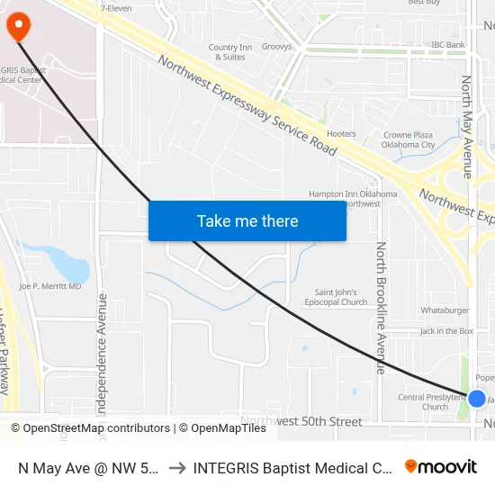 N May Ave @ NW 50 St to INTEGRIS Baptist Medical Center map