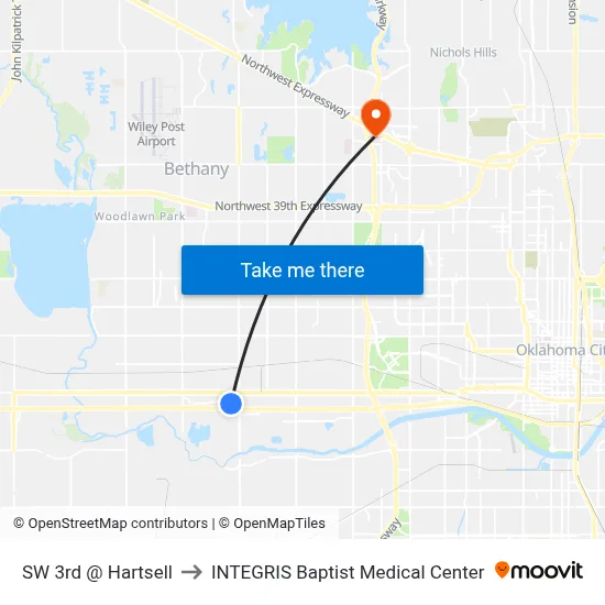 SW 3rd @ Hartsell to INTEGRIS Baptist Medical Center map