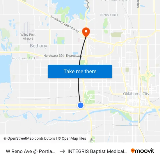 W Reno Ave @ Portland Ave to INTEGRIS Baptist Medical Center map
