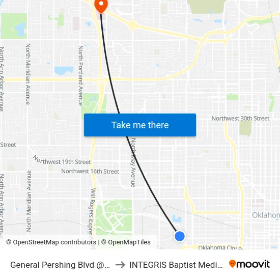 General Pershing Blvd @ NW 1 Terr to INTEGRIS Baptist Medical Center map