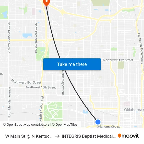 W Main St @ N Kentucky Ave to INTEGRIS Baptist Medical Center map