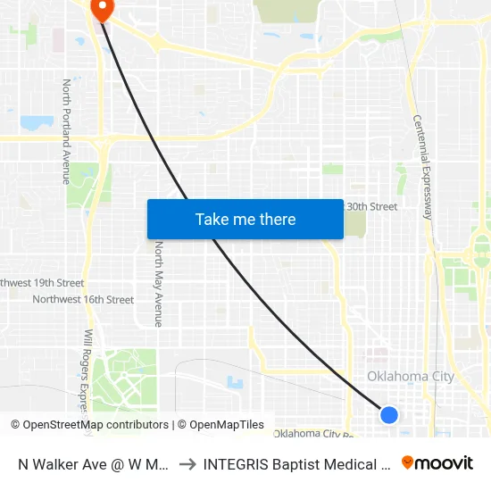 N Walker Ave @ W Main St to INTEGRIS Baptist Medical Center map