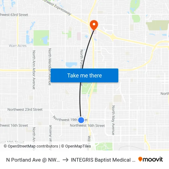 N Portland Ave @ NW 19 St to INTEGRIS Baptist Medical Center map